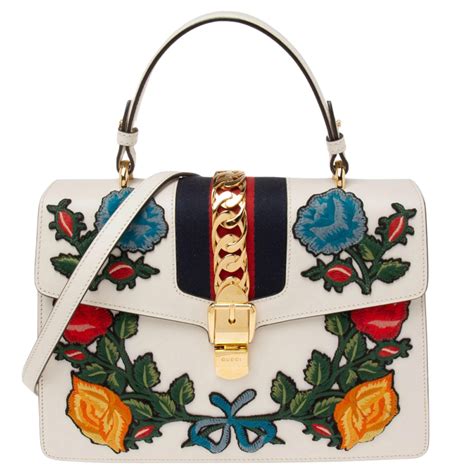 gucci white sylvie embroidered bag price|Gucci sylvie top handle bag.